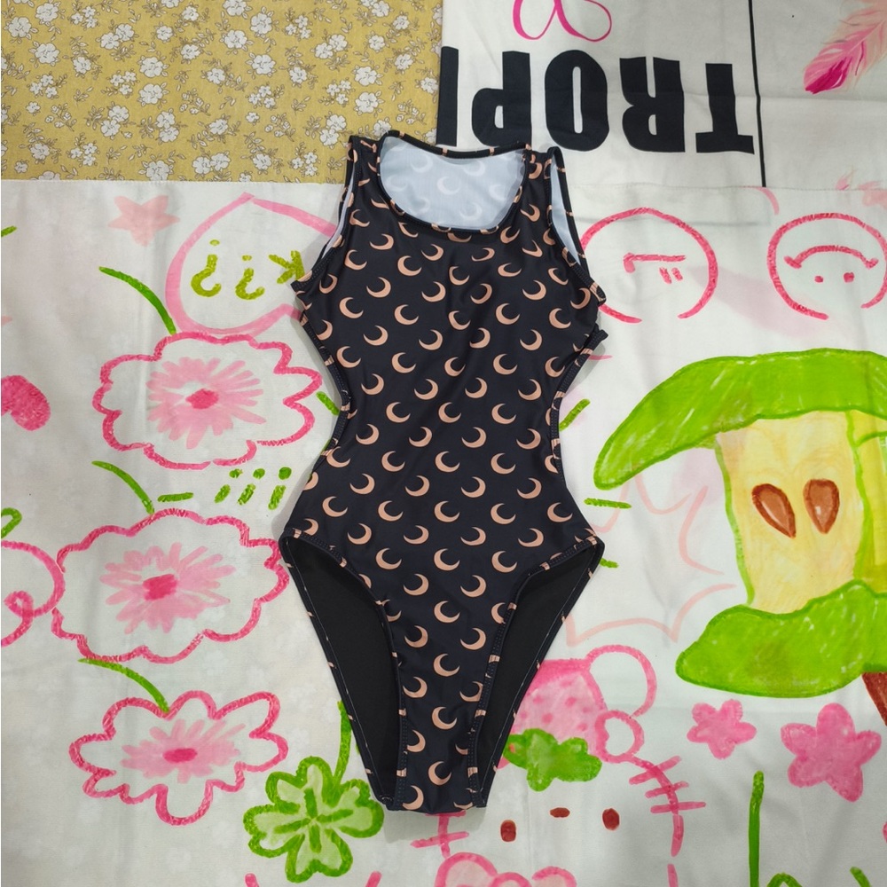 Marine Serre Black One-Piece Swimsuit with Peach Crescent Moon Print